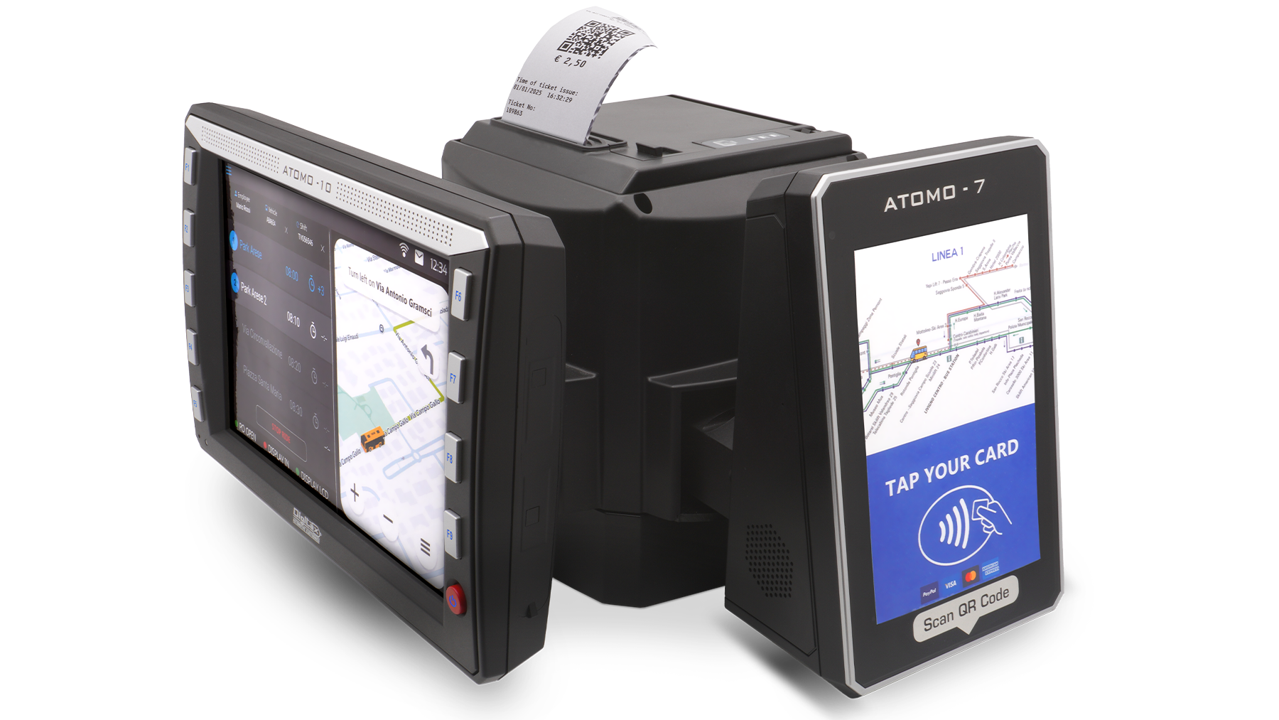 digitax all in one driver console composed of atomo 7 smart ticketing validator and atomo 10 mdt driver terminal with integrated printer for unified on board operations