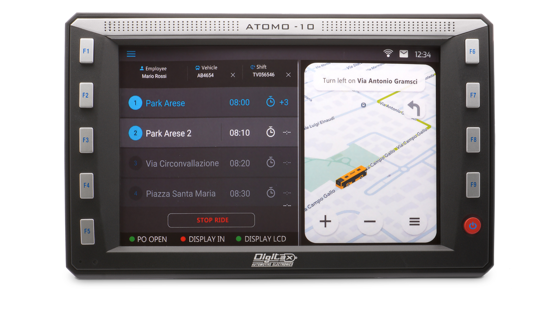 digitax atomo 10 mobile data terminal front view showing touchscreen interface for public transport and fleet management