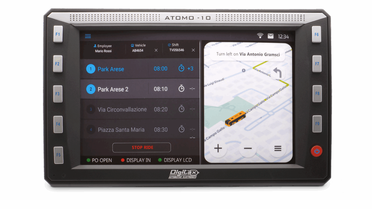 digitax atomo 10 mobile data terminal device displaying route navigation interface and vehicle schedule for smart fleet operations