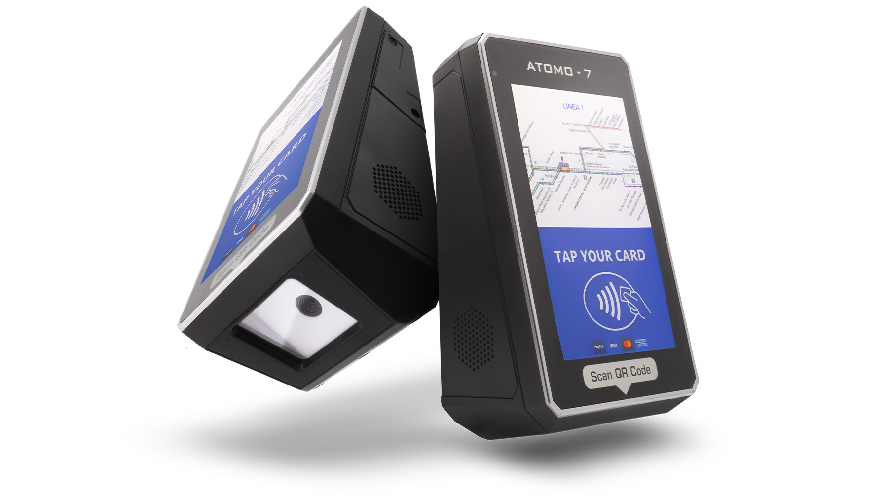 digitax atomo 7 rfid and emv validator front and angled view showing touchscreen and qr code scanner