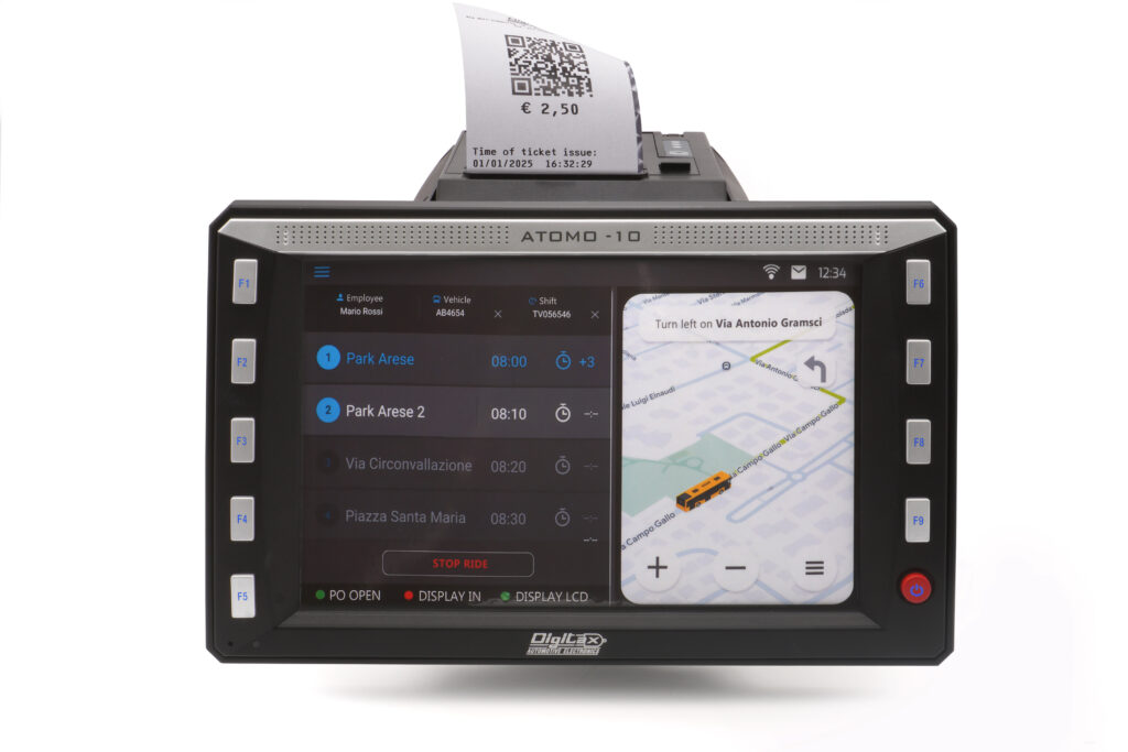 digitax atomo 10 mdt mobile data terminal with integrated printer displaying navigation and ticketing interface for driver operations