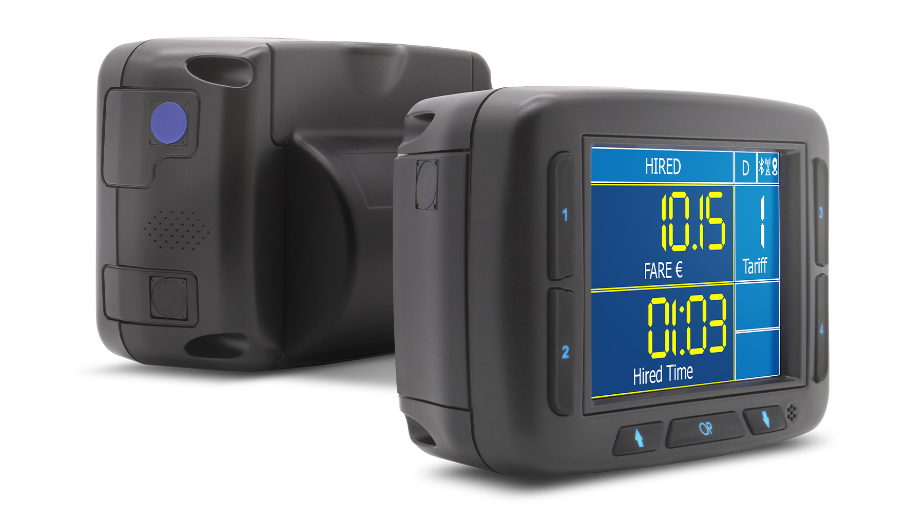 digitax f4 plus taximeter front and back view with lcd display