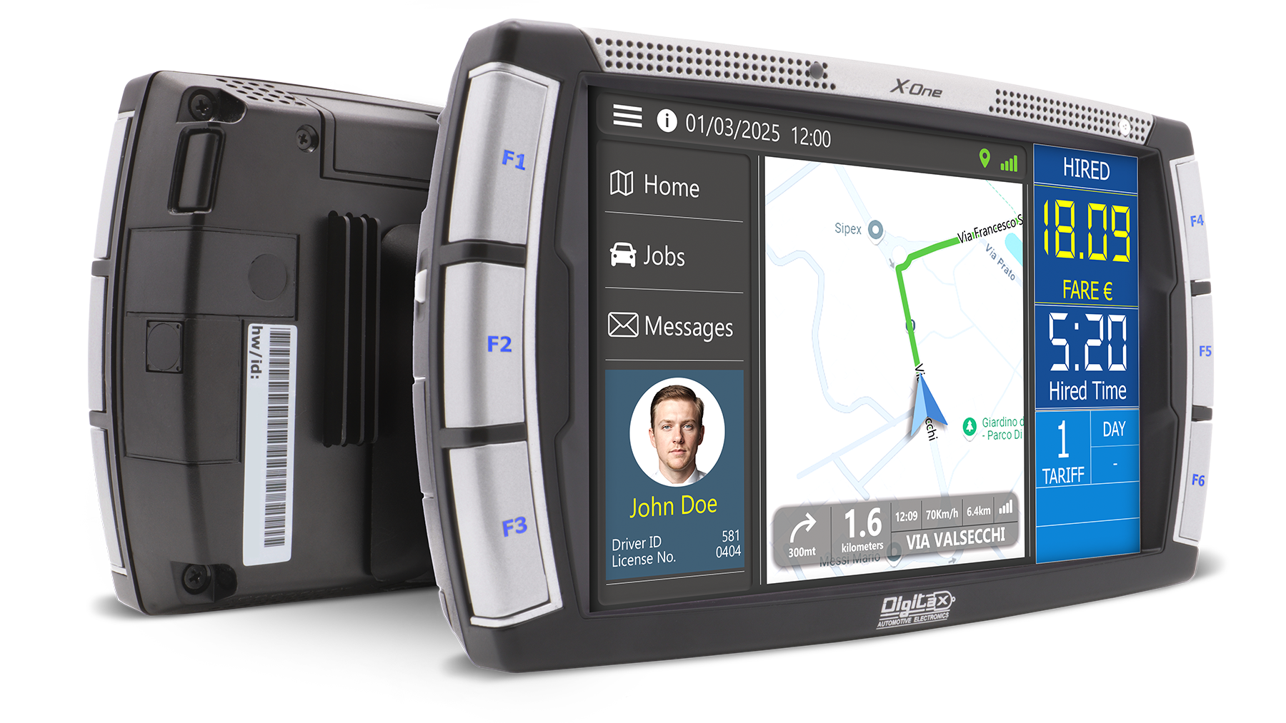digitax x-one android — compact mobile data terminal with integrated navigation, job management, and driver interface for connected fleet operations.