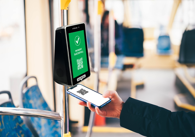atomo 7 smart android ticket validator installed on a bus pole