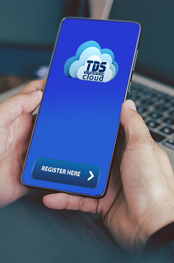 hand holding a smartphone displaying the tds cloud app with a register button for customer registration