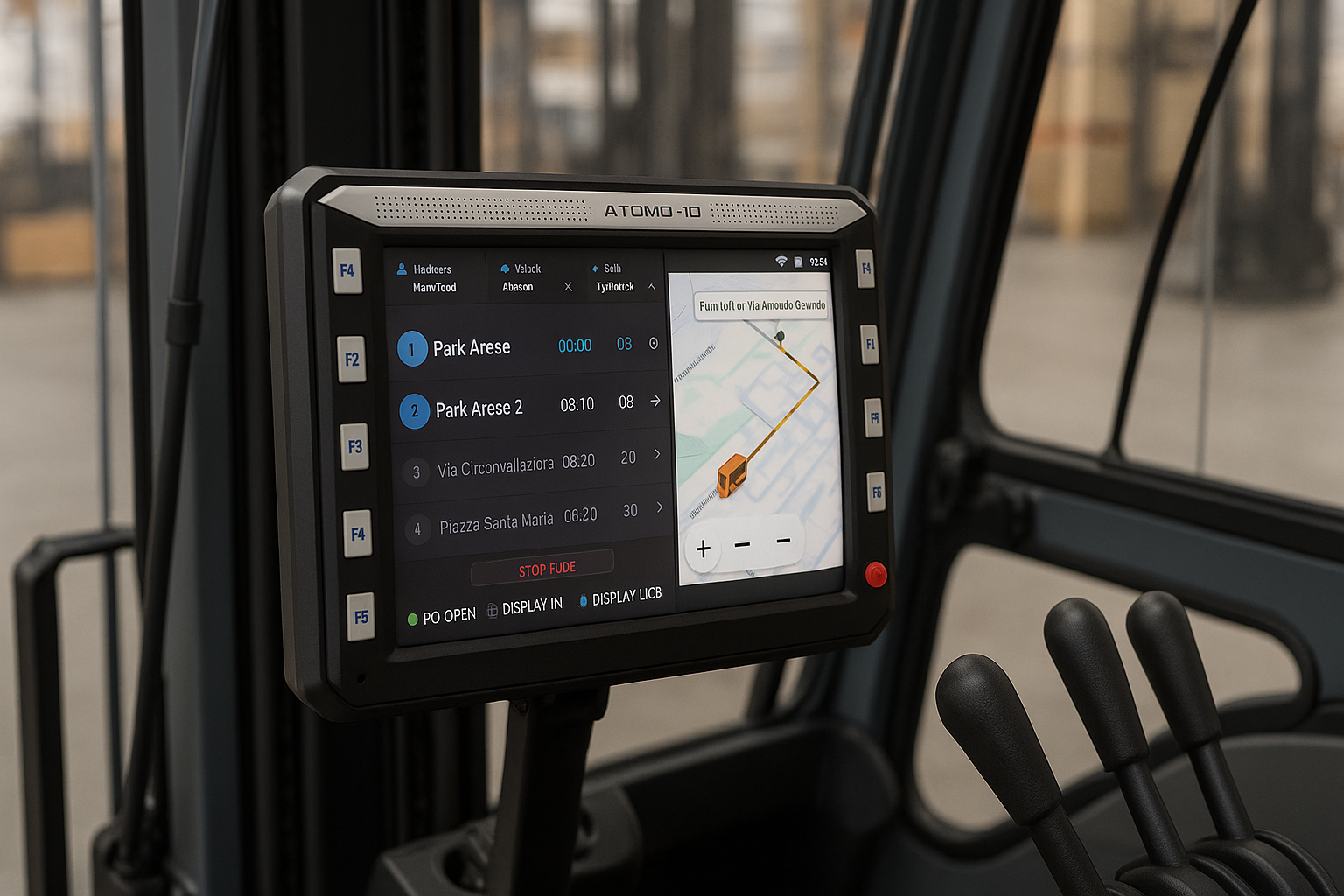 atomo 10 mdt mounted on a forklift showing operational data and navigation on the touchscreen display