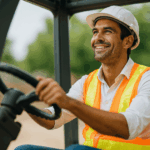 operator driving a construction vehicle equipped with digitax atomo 10 mdt mobile data terminal