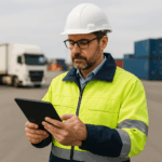warehouse operator checking data on a tablet