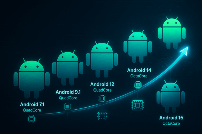 android versions timeline for digitax x-one mdt (7.1 quadcore, 9.1 octacore, 12 quadcore, 14 octacore, 16 octacore) with circuit background and upgrade arrow