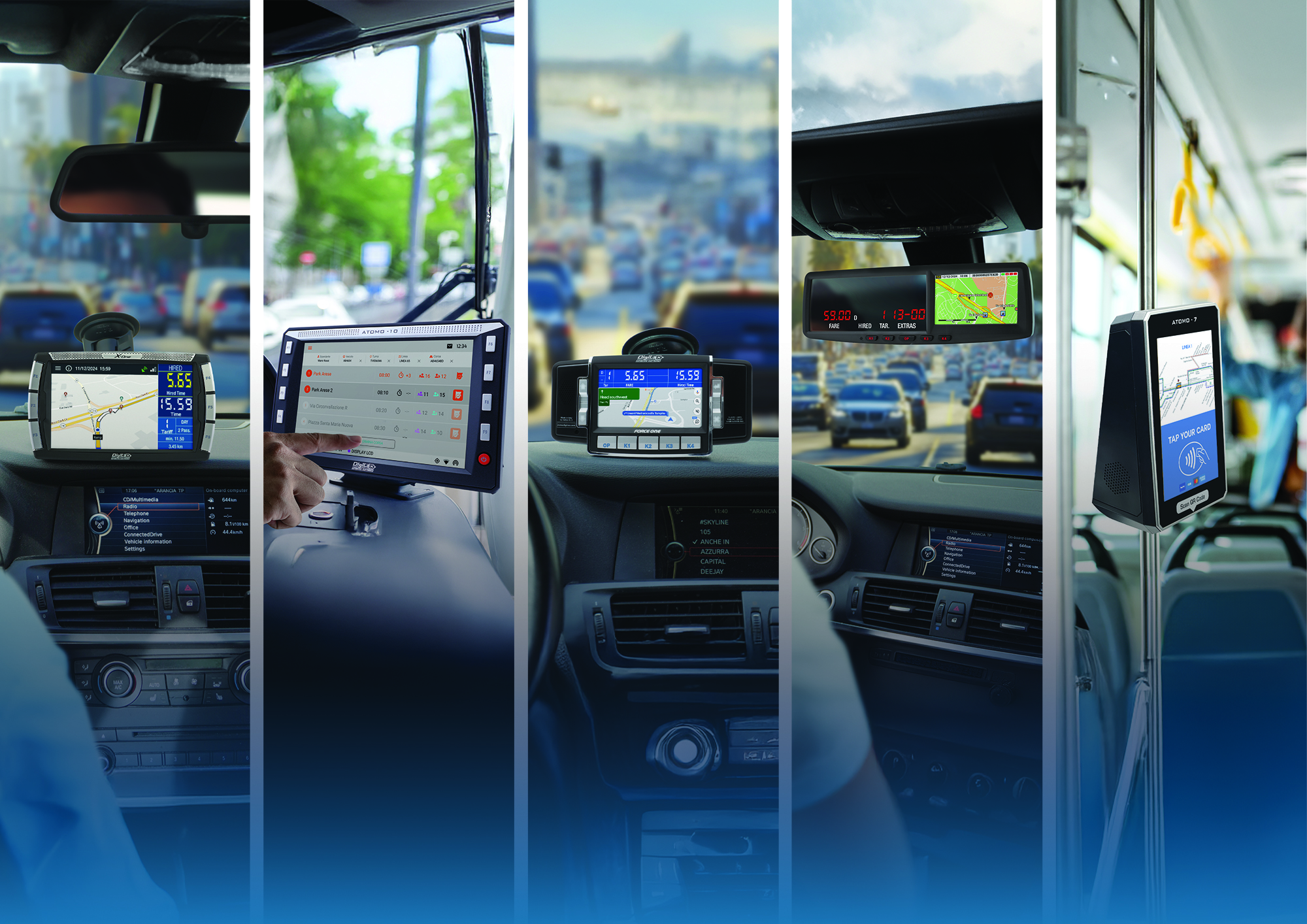 digitax atomo-10 mdt, atomo 7, x-one android, force one nav, and m1 mdt mobile data terminals installed on fleet vehicles, showcasing the full range of multi-peripheral on-board solutions