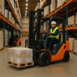 warehouse operator driving a forklift between storage shelves