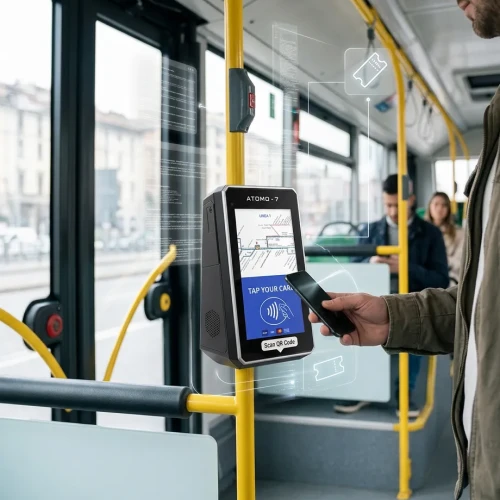 Passenger using the Digitax ATOMO-7 ticket validator on board a public transport bus for account-based ticketing and digital fare validation.