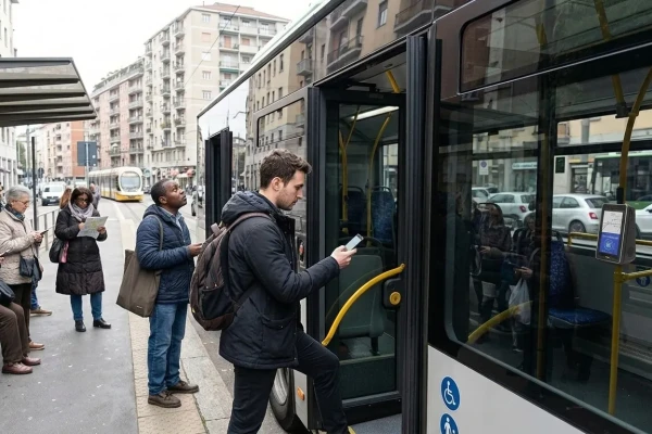 Passenger boarding a public transport bus with the Digitax ATOMO 7 installed near the entrance.